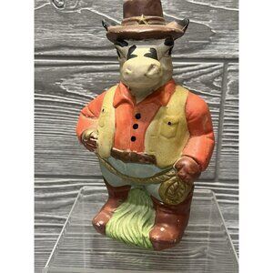 Ceramic Cow Cowboy Coin Bank Ceramic Figurine Western Anthropomorphic Kitschy